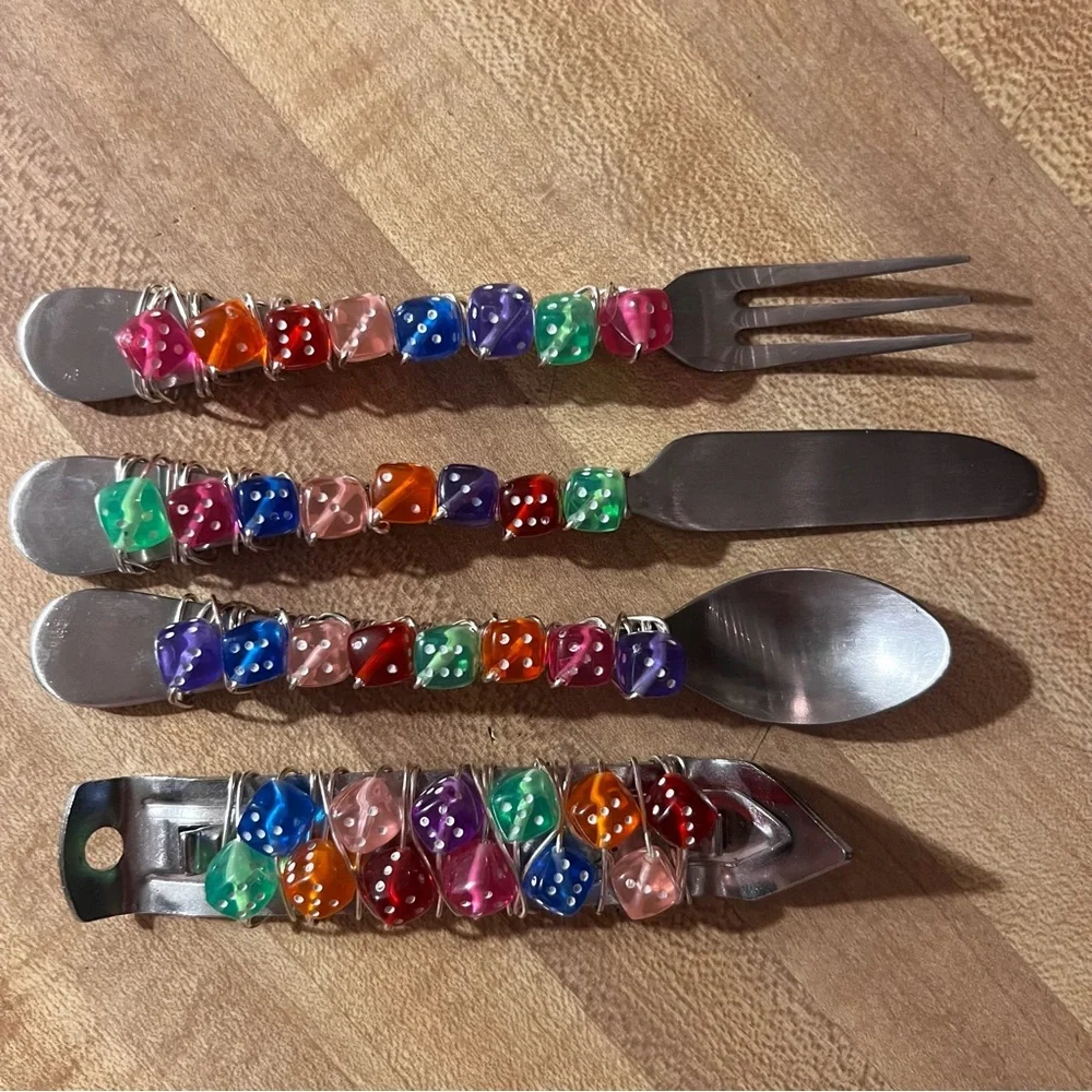 Artsy Colored Dice Charcuterie Utensils with Bottle Opener 4 Piece